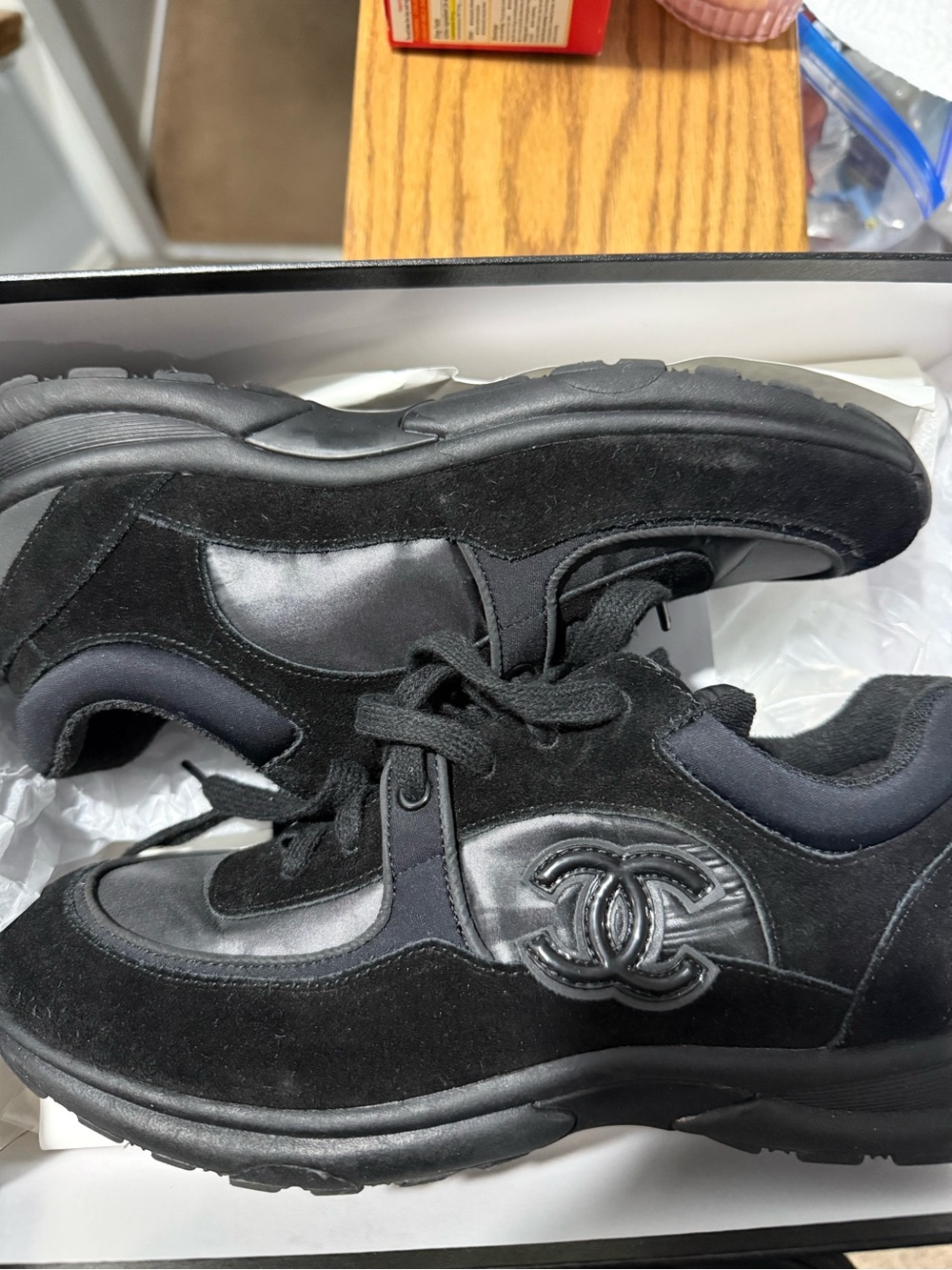 CHANEL Black Suede & Leather CC Emblem Sneakers - Picture 1 of 5